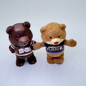 (2) Vtg Mars Flocked Fuzzy Teddy Bear Plain M&Ms + Snickers Candy Collectible